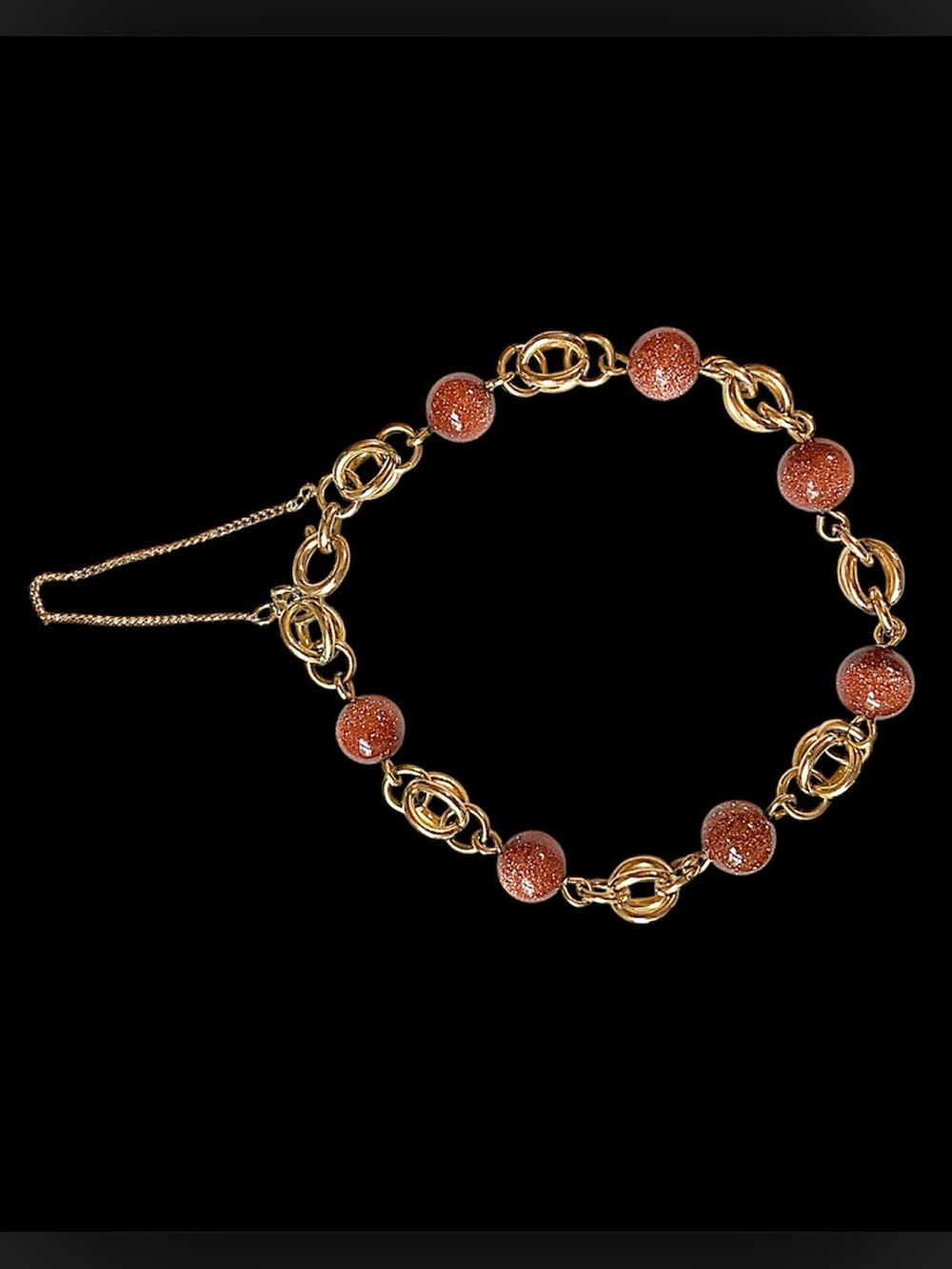 Goldstone and Gold Tone Chain Link Bracelet with Safety Chain Orange